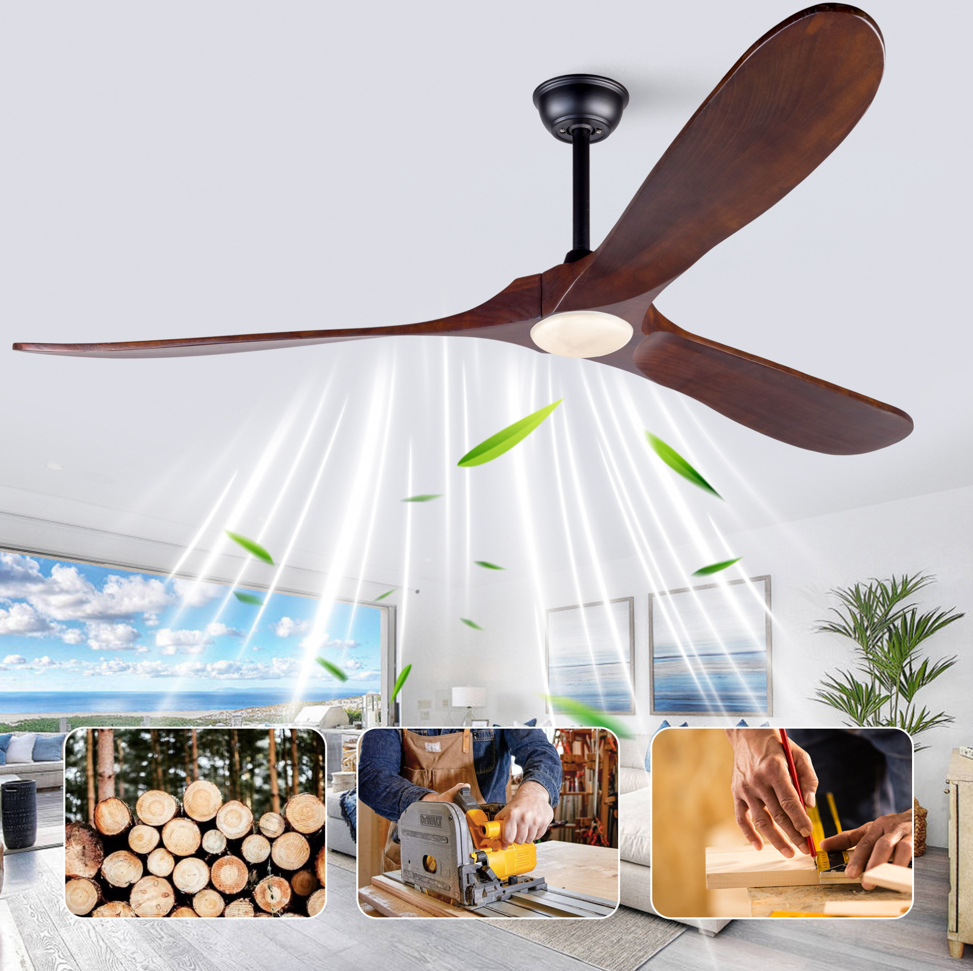 Deckenventilator 176x176x30 Cm Aus Holz In Schwarz Und Nussbaum Mit Dimmbarer Led – Meubliv