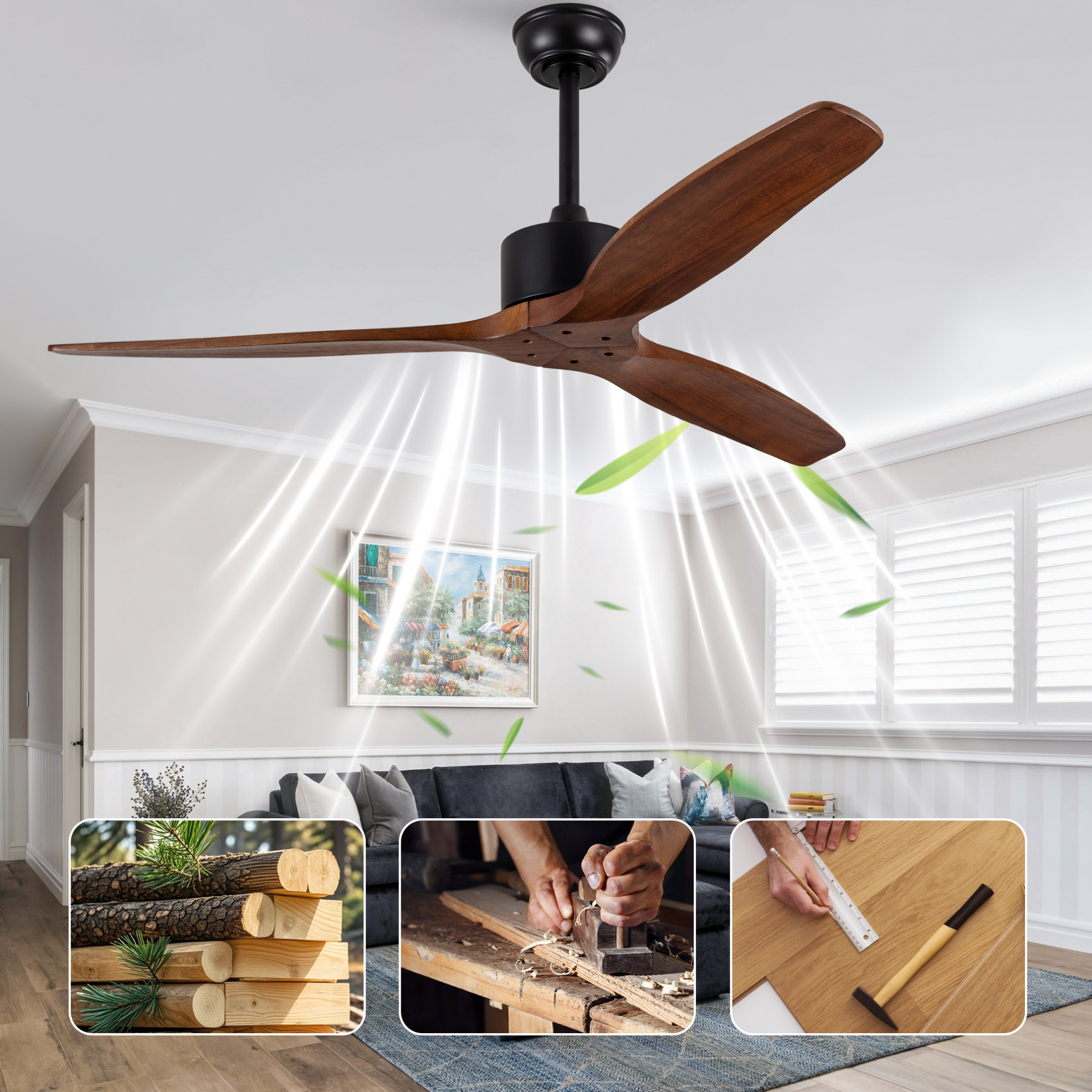 Deckenventilator 132x132x30,5 Cm Aus Schwarzem Holz Ohne Licht Für Wohnzimmer – Meubliv