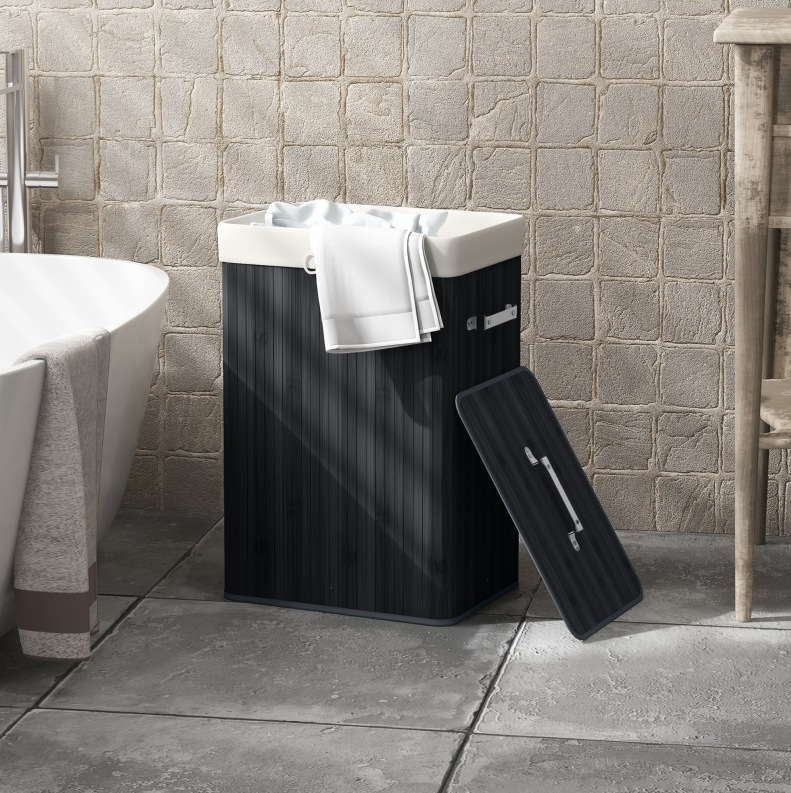 Wäschekorb 40x30x60 Cm Aus Bambus Und Stoff, Schwarz, Mit Deckel, Platzsparend – Meubliv