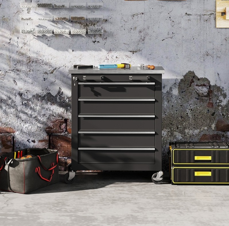 Mobiler Werkzeugschrank 65,5x34,5x76 Cm Aus Schwarzem Edelstahl, 5 Schubladen – Meubliv