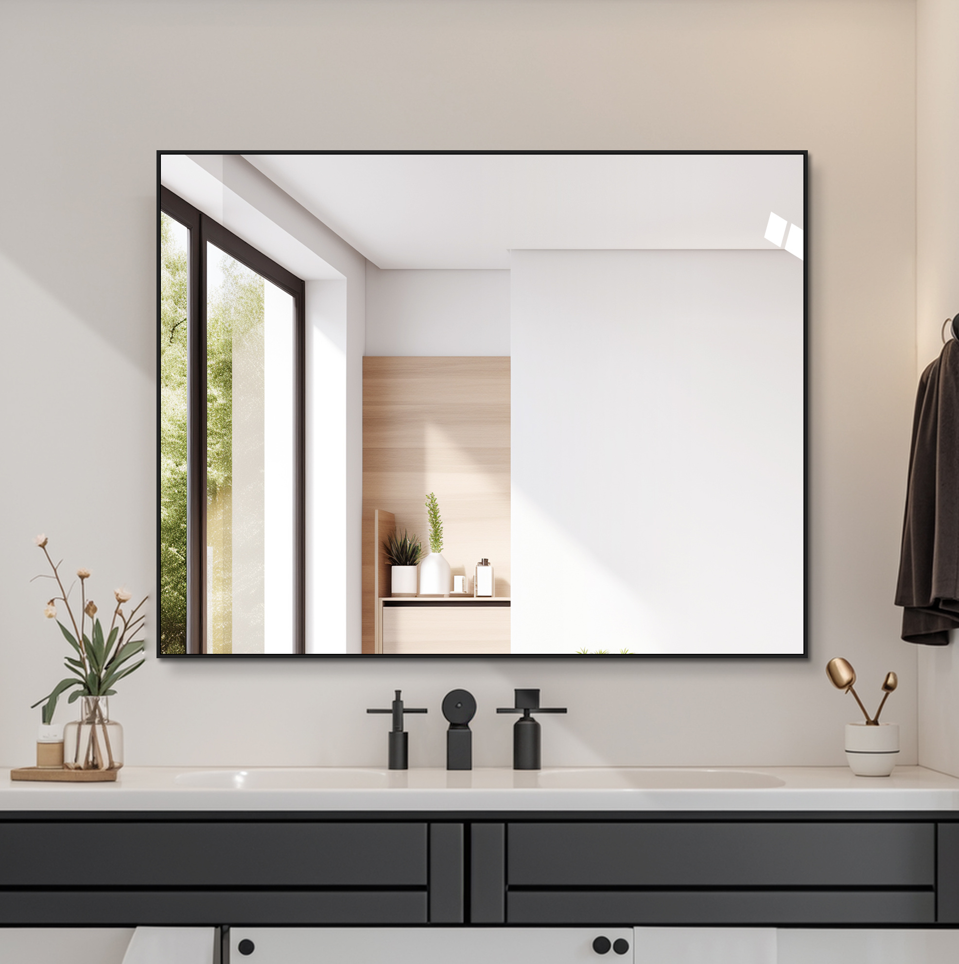 70x90cm Badezimmerspiegel Mit Schwarzem Aluminiumrahmen, Kupferfreier Hd-wandspiegel, Horizontal & Vertikal Montierbar, Für Bad, Flur Und Ankleidezimmer
