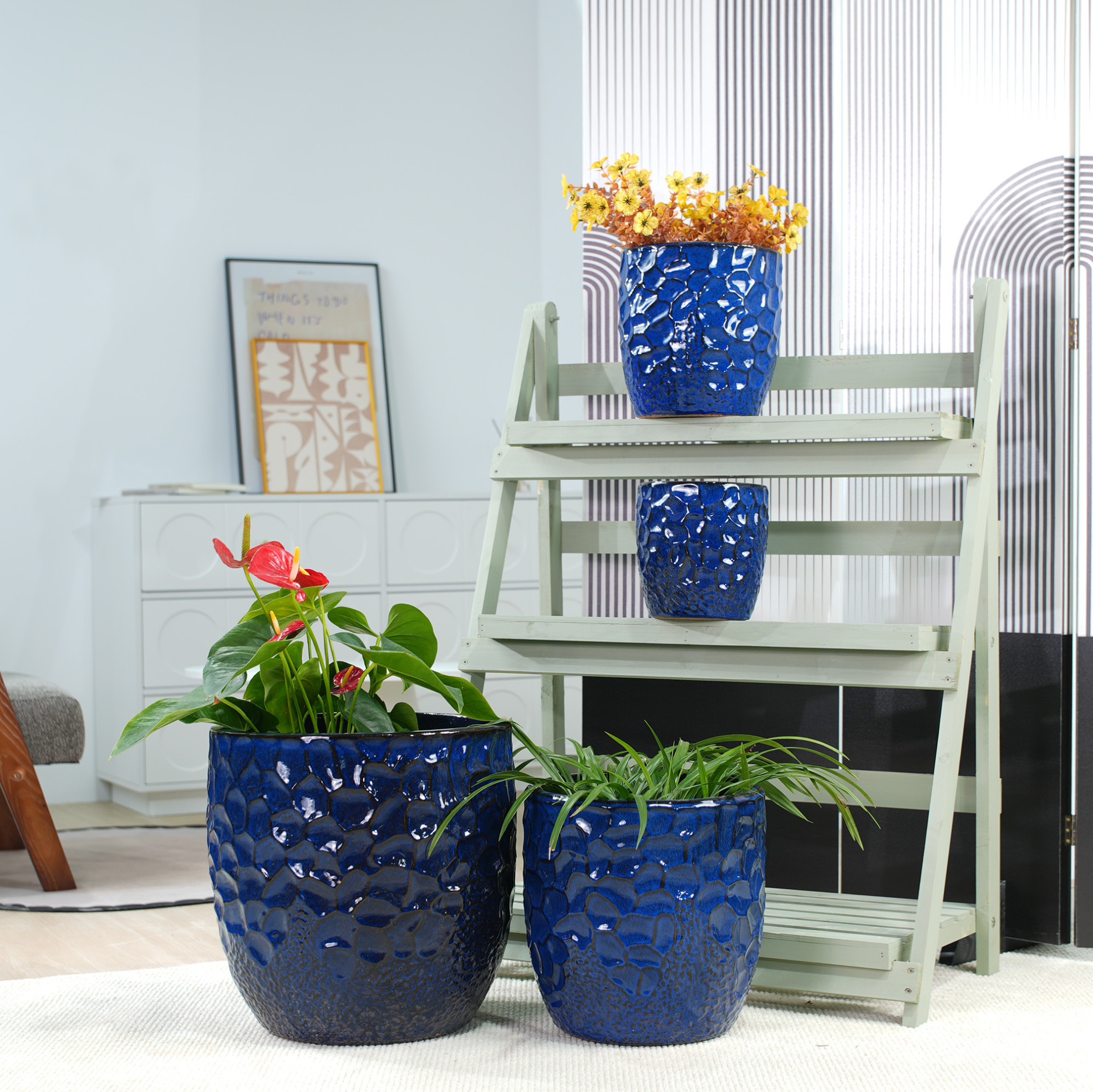 Runder Blumentopf Ø38 Cm Keramik Marineblau Mit Drainage, Innen & Garten – Meubliv