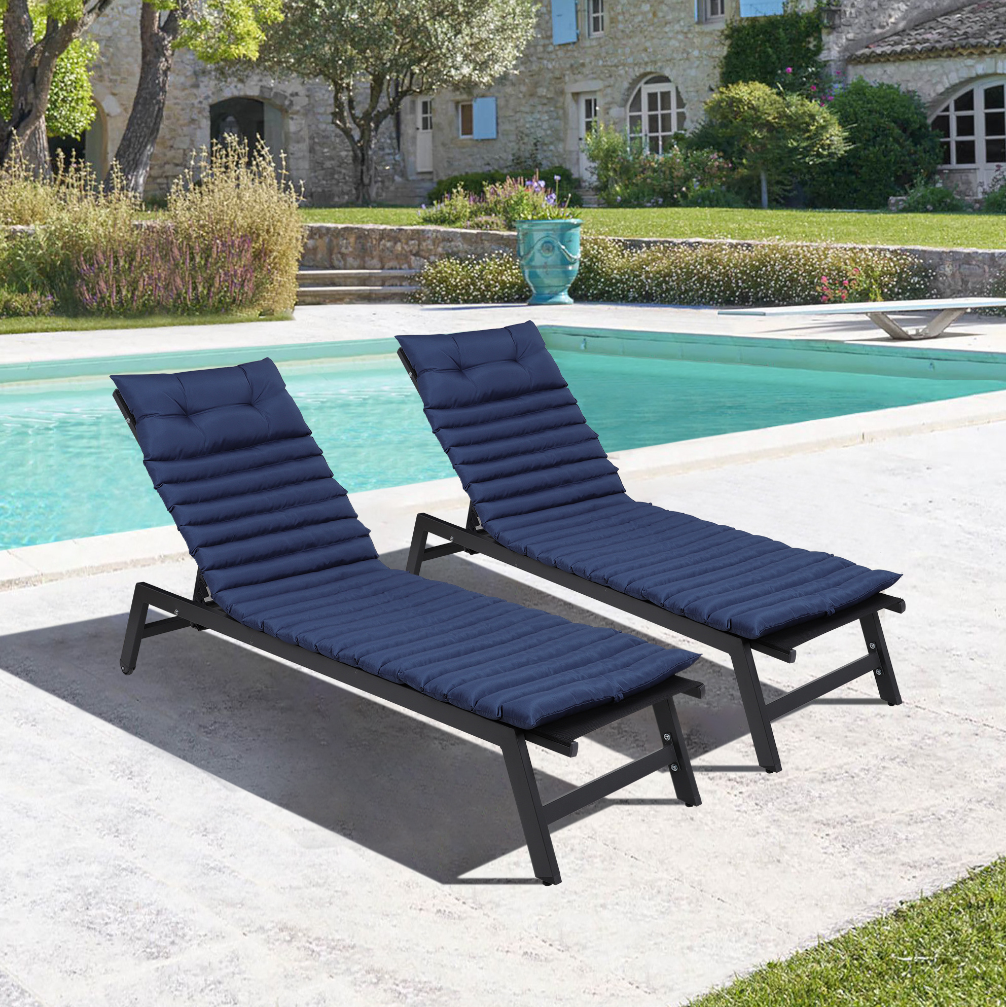 2er-set Auflagen Für Sonnenliege 193x60x2,3 Cm Polyester Marineblau – Meubliv