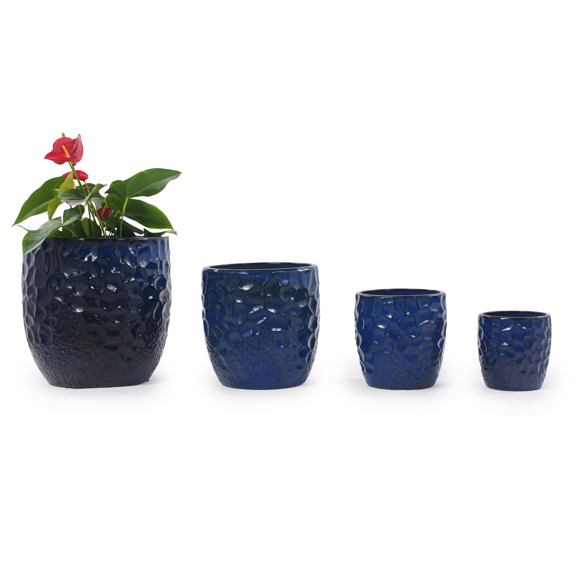 Handgefertigter Keramik Pflanztopf-set 4-teilig (ø38/30/22,5/18 Cm), Glänzendes Tiefblau Mit Rundem Hammerschlag-relief