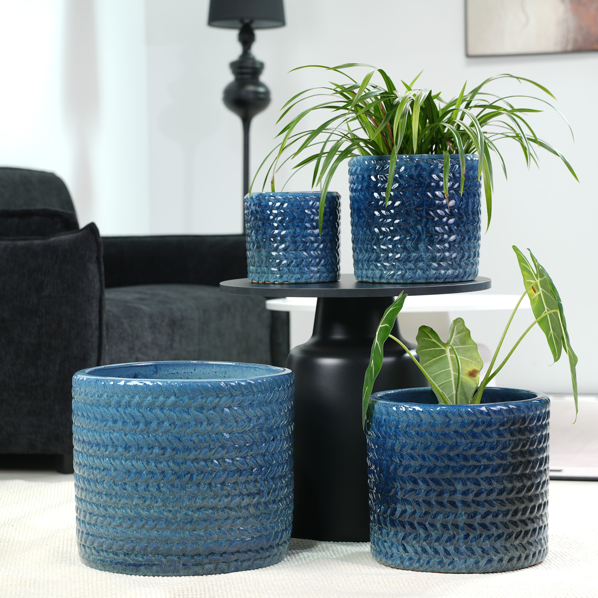 Handgefertigter Keramik Pflanztopf-set 4-teilig (ø37/31/24,5/17,5 Cm), Glänzendes Dunkelblau Mit Rundem Fischgrät-relief