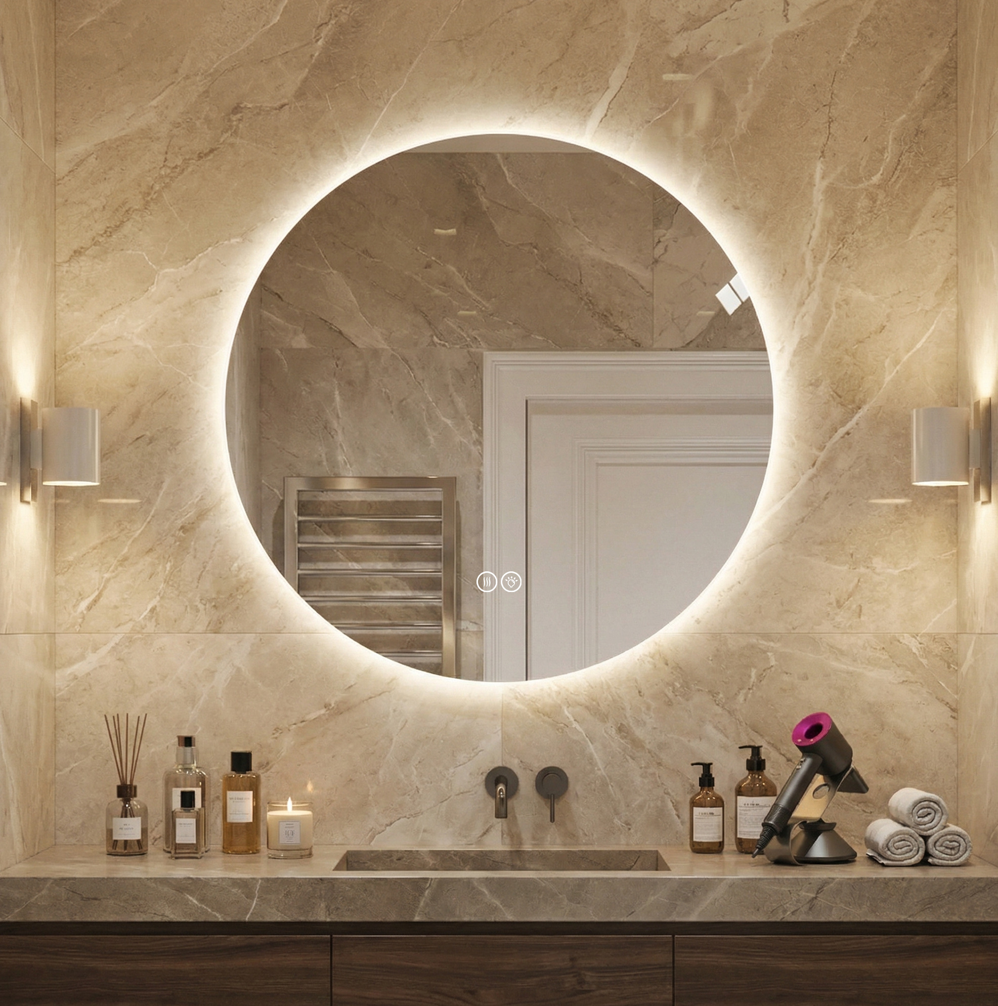 Runder Led-badezimmerspiegel 80 Cm Aus Glas Und Silberfarbenem Metall, Beschlagfrei – Meubliv