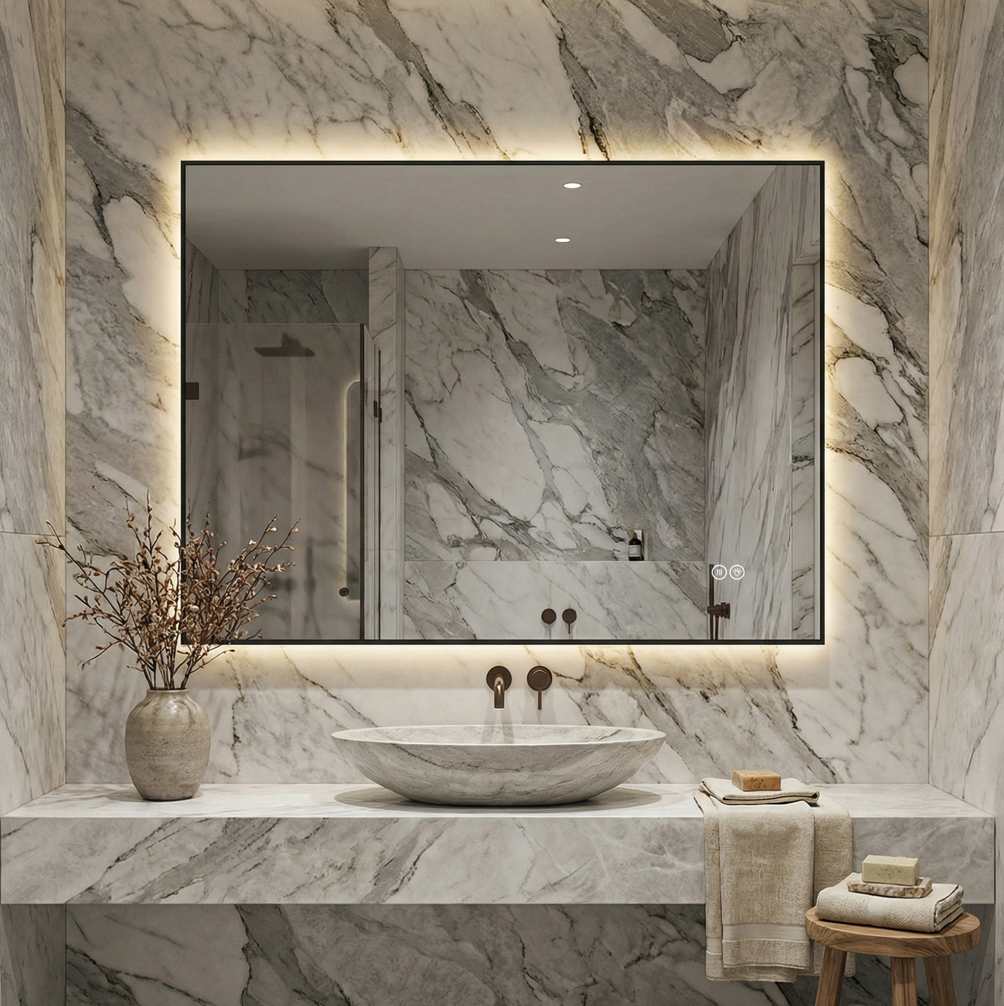 Led Badezimmerspiegel 60x80 Cm Mit Aluminiumrahmen, Hinterleuchtet, Anti-beschlag, 3 Lichtfarben, Stufenlos Dimmbar, Memory-funktion, 5 Mm Kupferfreier Silberspiegel