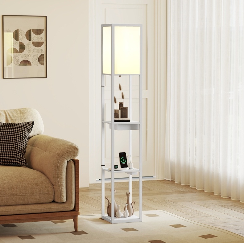 Stehlampe 26x26x159 Cm In Weißem Mdf Mit Regalen Und Usb-anschlüssen Für Kompakte Räume – Meubliv