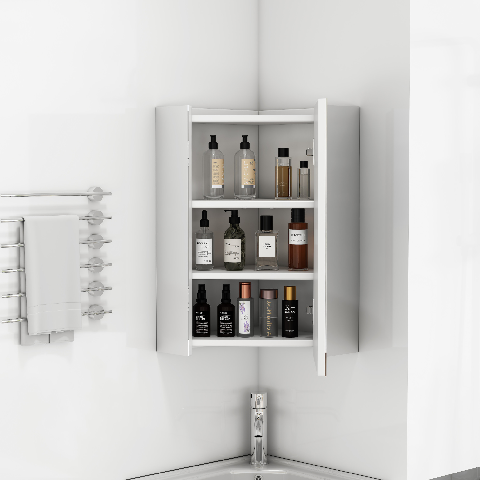 Armoire Miroir D’angle 32,5x32,5x55,6 Cm Mdf Verre Blanc 3 Faces Gain De Place – Meubliv