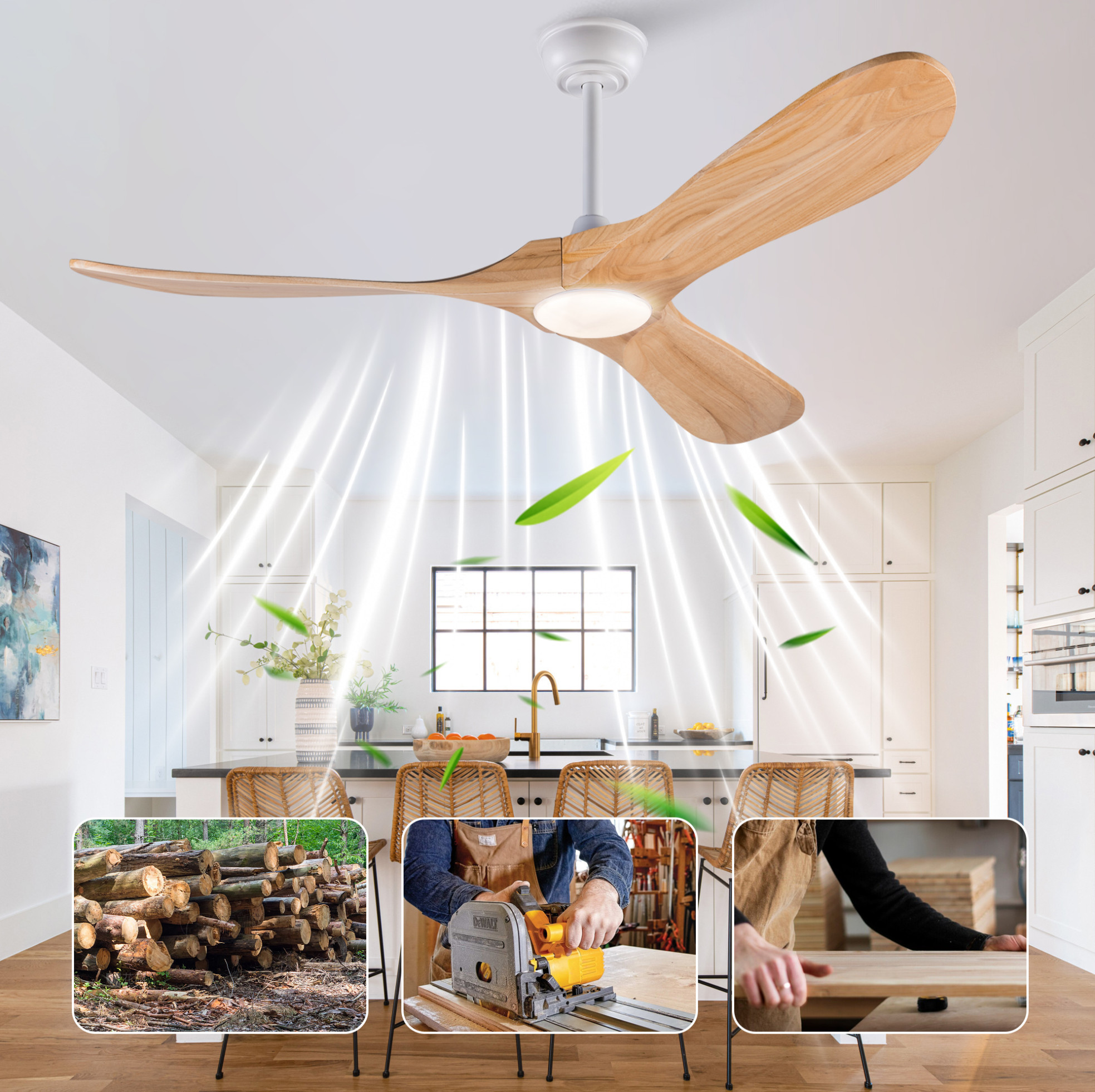 Deckenventilator 132x132x30 Cm Aus Naturholz Und Weiß Mit Led Für Wohnzimmer – Meubliv