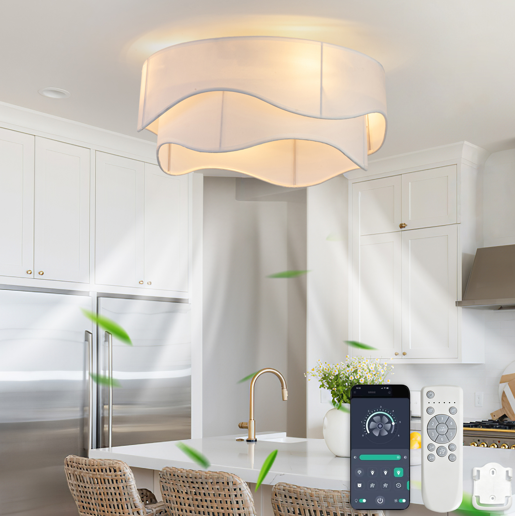 Deckenventilator 50x50x24 Cm Aus Abs Und Weißem Stoff Mit Licht Für Schlafzimmer – Meubliv