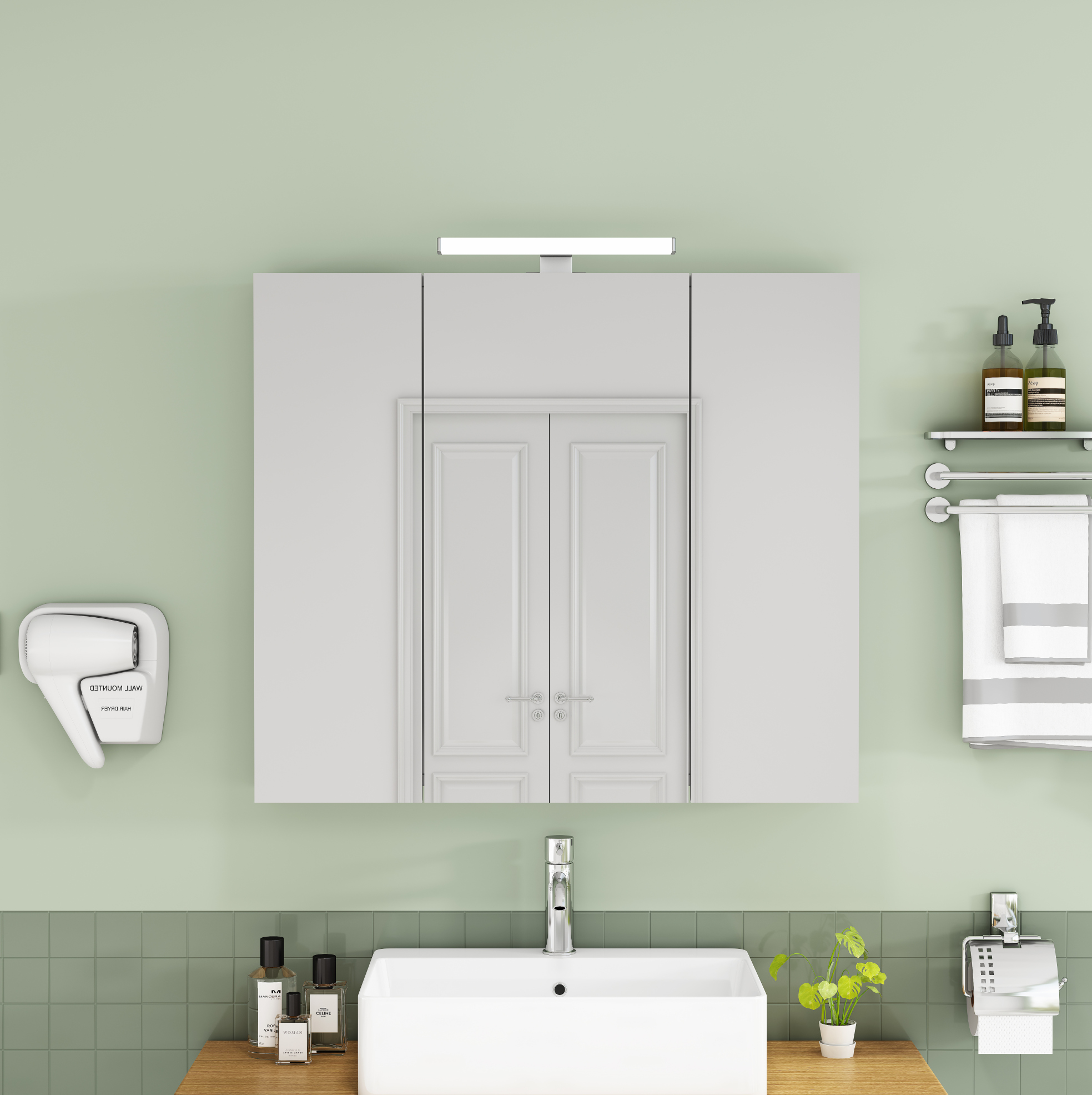Spiegelschrank Bad 80x16x70 Cm Mdf Und Glas Weiß Mit Led, 3 Türen – Meubliv