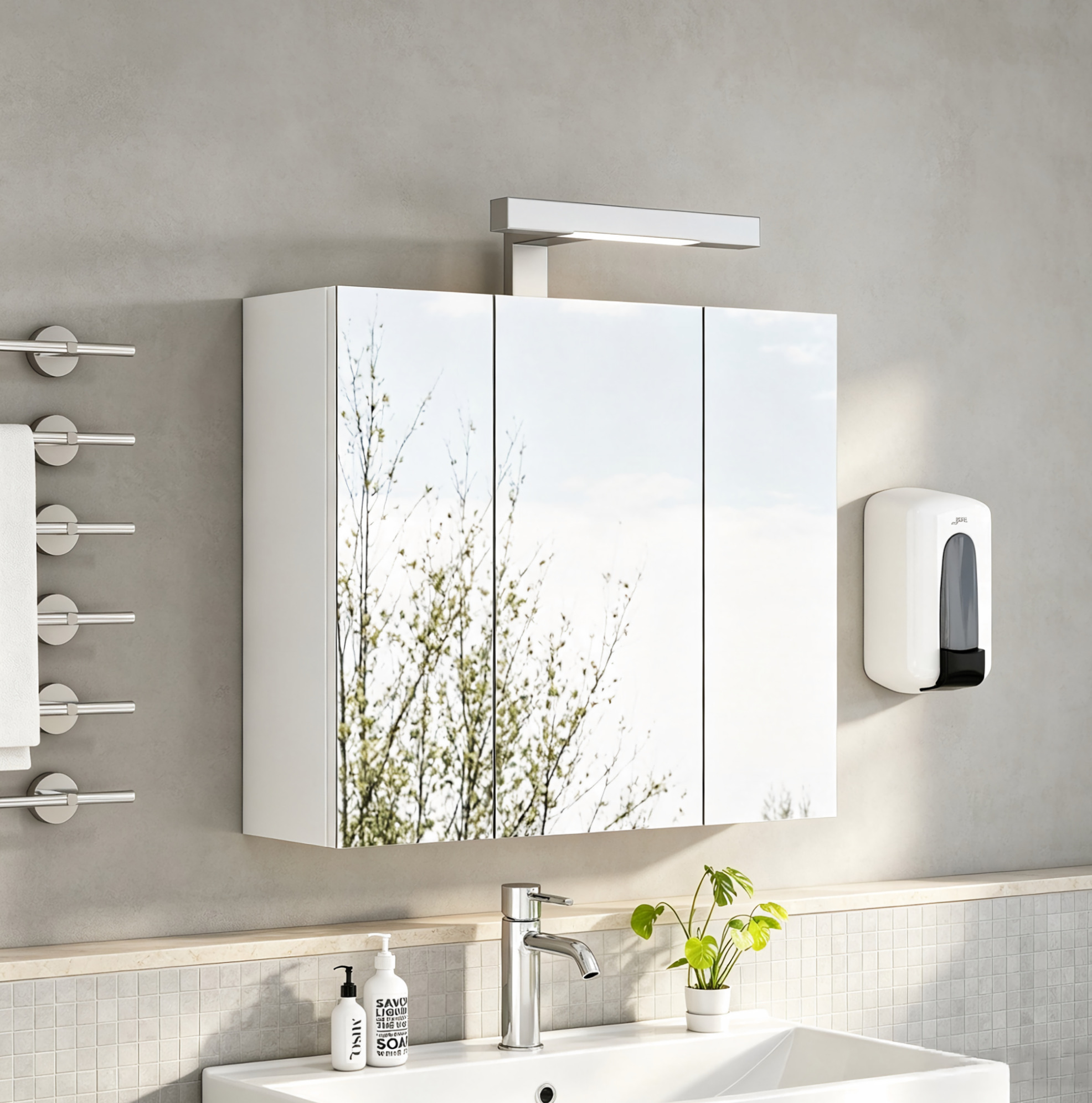Spiegelschrank Bad Wandhängend 60x16x70 Cm Mdf Glas Weiß, 3 Türen, Platzsparend – Meubliv