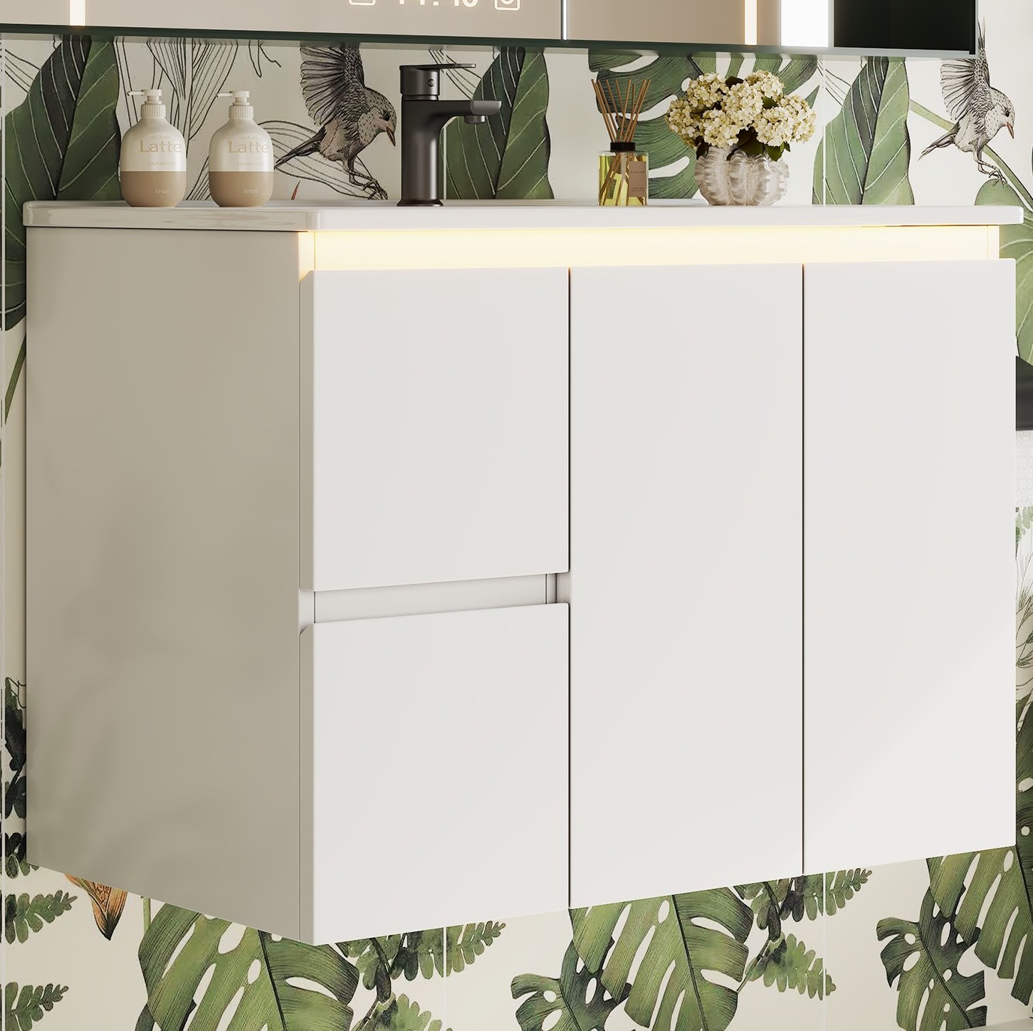 Wand-waschtischunterschrank 76x47x57 Cm Aus Mdf Und Keramik, Weiß, Mit Led – Meubliv