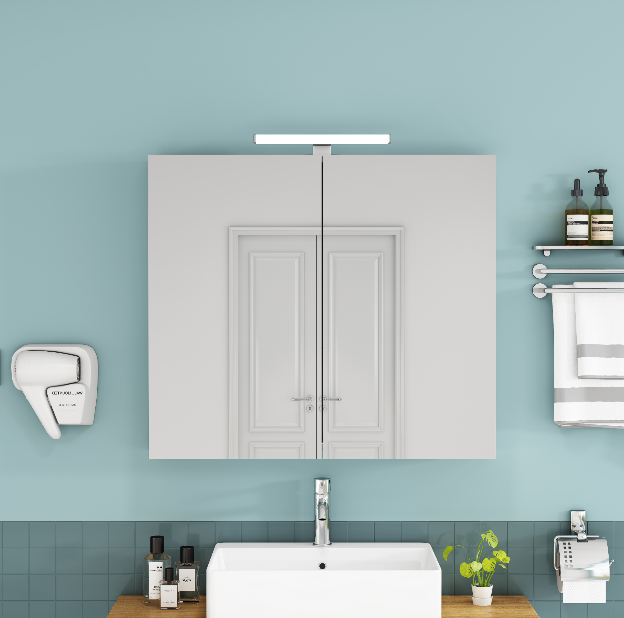 Spiegelschrank 80x16x70 Cm Mdf Glas Weiß Led Französische Steckdose – Meubliv