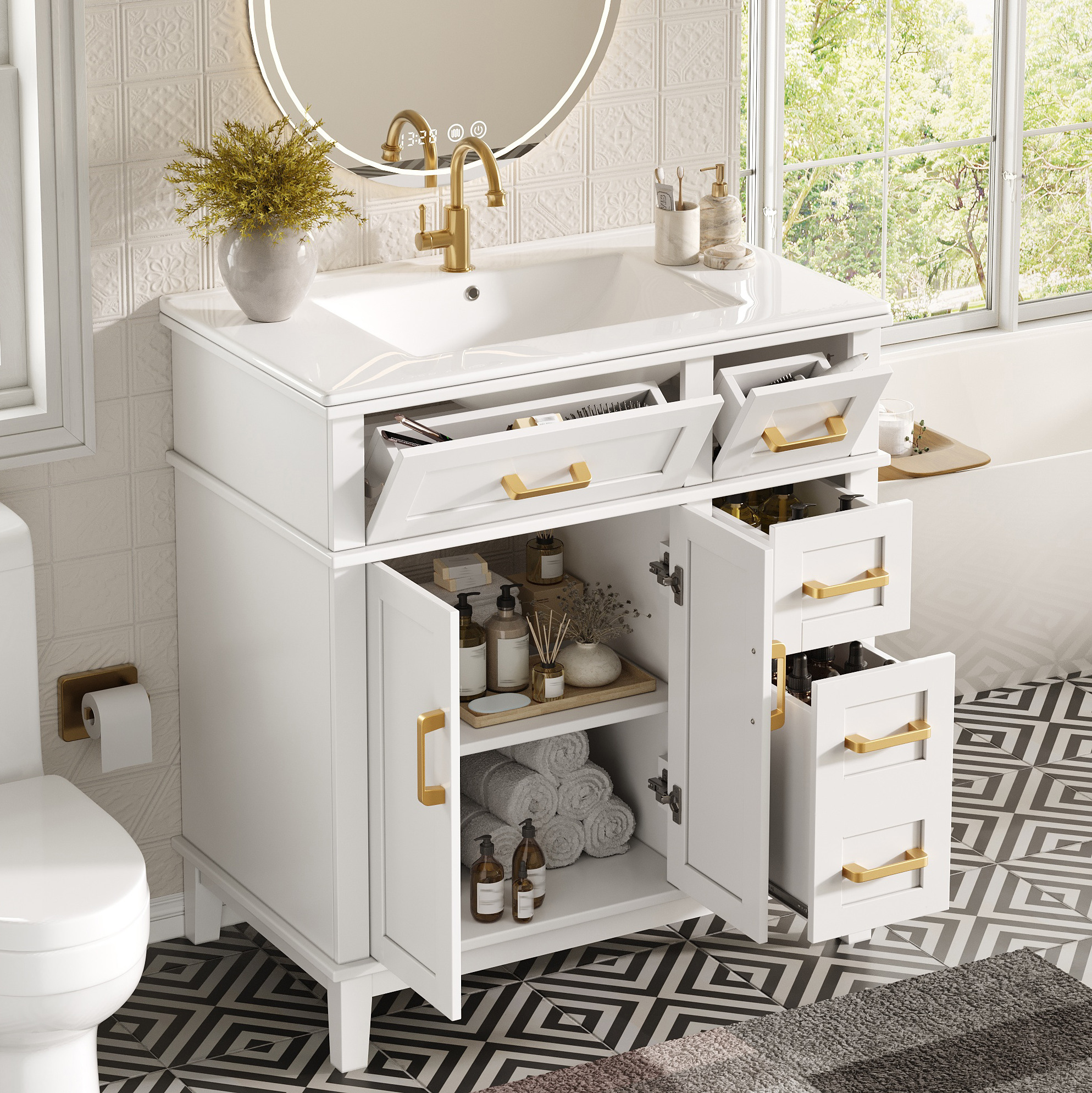 Badezimmerschrank Mit Waschbecken Aus Keramik, Moderner Badmöbel Für Badezimmer, Schubladen-schrank Mit Viel Stauraum & Soft-close Funktion, Badschrank Mit Überlaufschutz