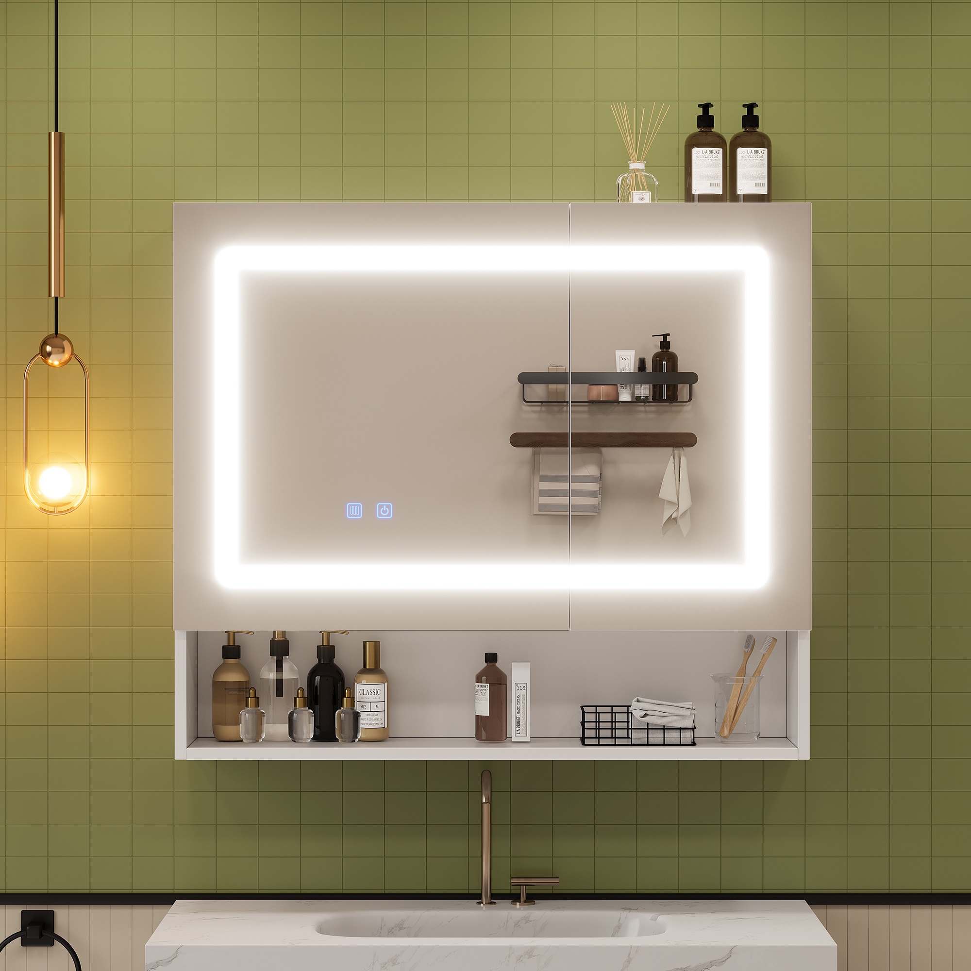 Led-spiegelschrank 80x70 Cm Fürs Bad, Beschlagfrei, 2 Soft-close-türen, Verstellbarer Einlegeboden, Modernes Design, Weiß