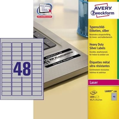 L6009-100 Typenschild-Etiketten 45,7x21,2mm, 100 Bogen/4.800 Etiketten, silber