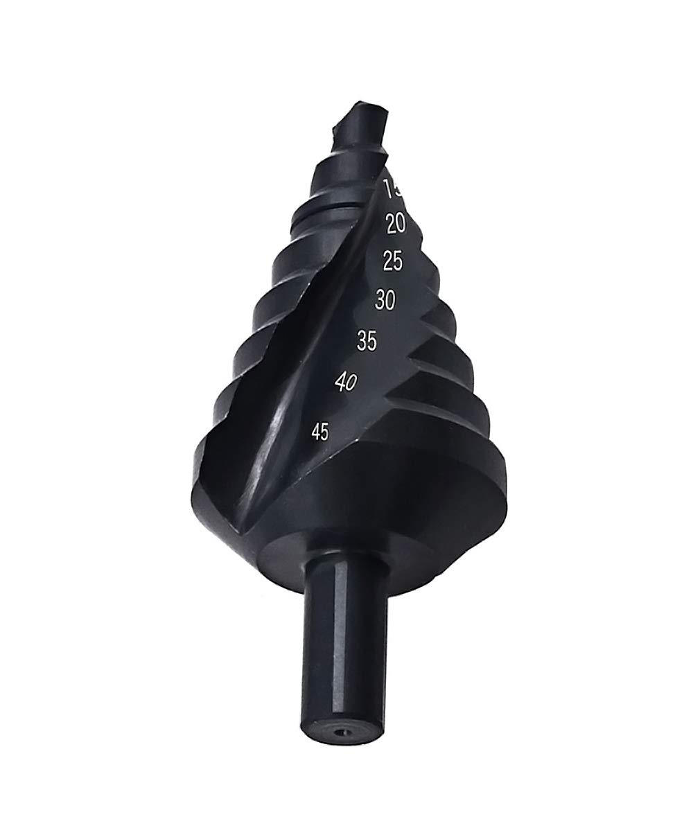 Stufenbohrer, 10–45 Mm Spiralnuten, Geeignet Für Kohlenstoffstahl, Dünne Bleche, Dämmplatten, Pvc-platten Und Plattenwerkstoffe. Schwarz.