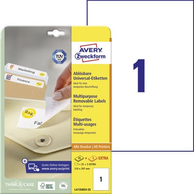 Zweckform L4735REV-25 Universal-Etiketten, ablösbar, A4, 210 x 297 mm, 30 Bogen/30 Etiketten, weiß