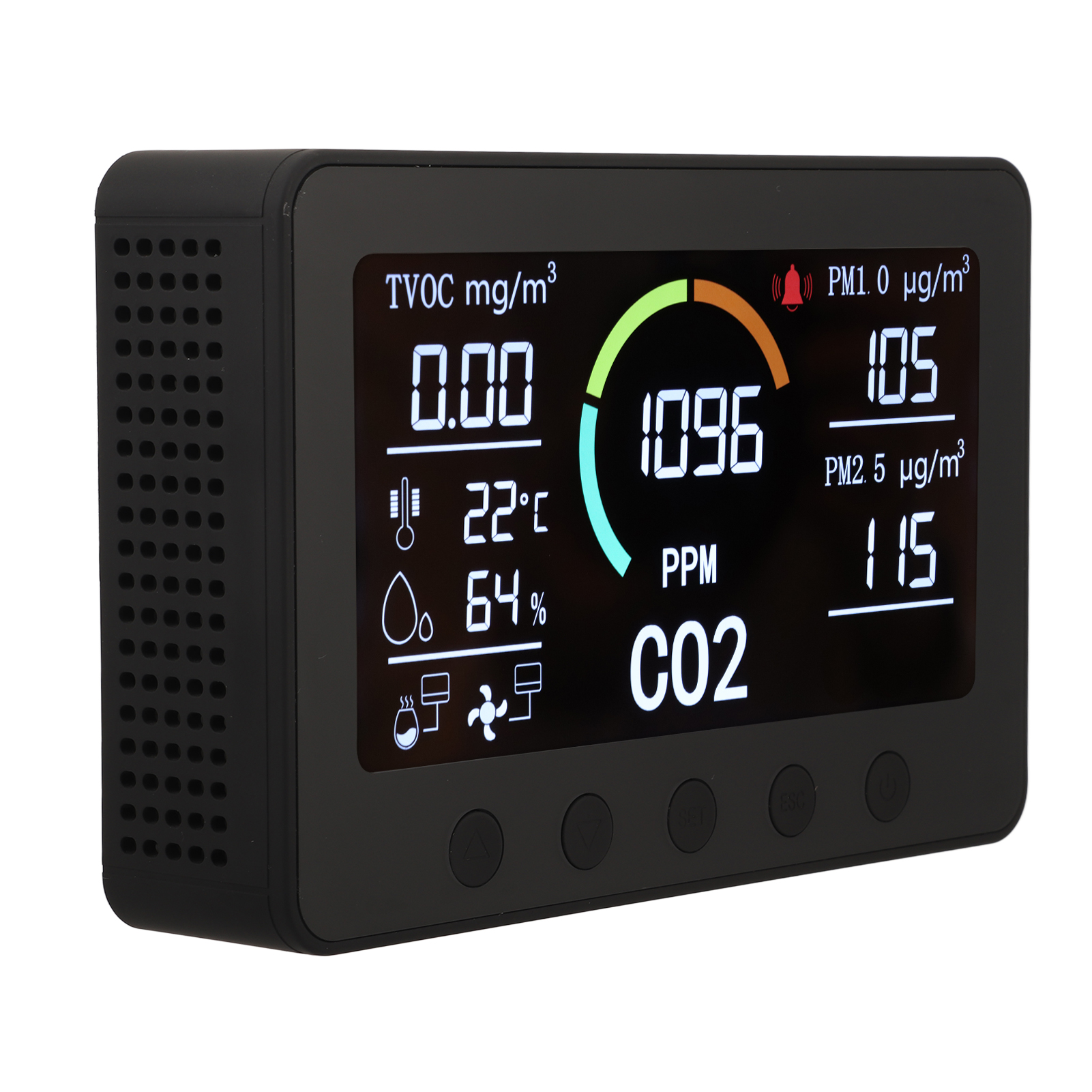 Wlan-luftqualitätsmessgerät Mit Pm2,5-, Co2- Und Tvoc-messung, 7-zoll-bildschirm, Temperatur- Und Feuchtigkeitsanzeige, Eu-stecker (100–240 V), Schwarz