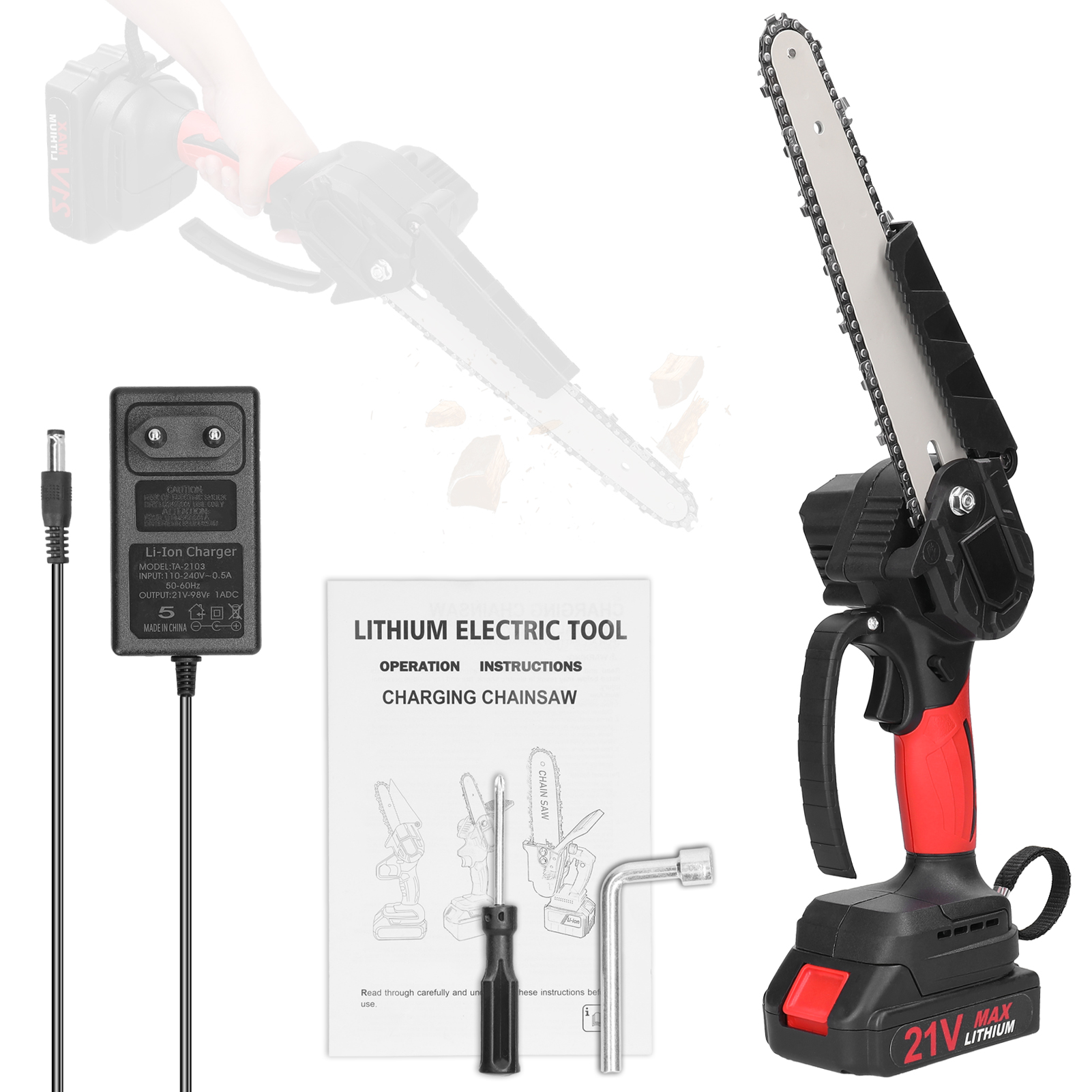 21v 8-zoll-akku-kettensäge Mit 1300mah-akku, Leichte 1,3kg-astsäge Zum Baumschneiden