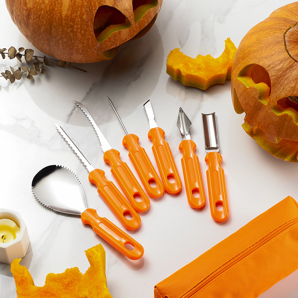 Wmcywell Kürbisschnitzset, Halloween-werkzeuge Und Dekorationen: Edelstahlmesser, Kürbisse, Ideales Geschenk, Orange, 7-teilig