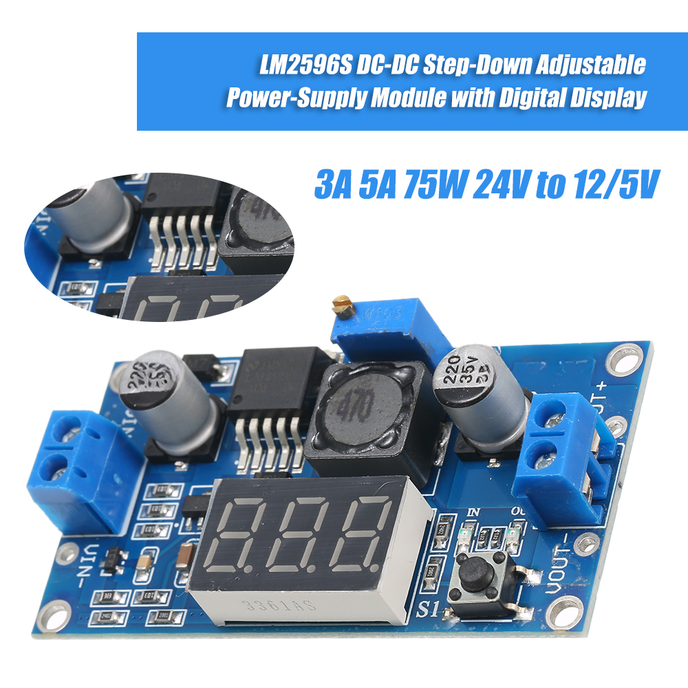 Einstellbares Dc/dc-abwärtsnetzteilmodul Lm2596s, Spannungsregler Lm2596 Mit Digitalanzeige, 3 A/5 A, 75 W, 24 V Auf 12/5 V