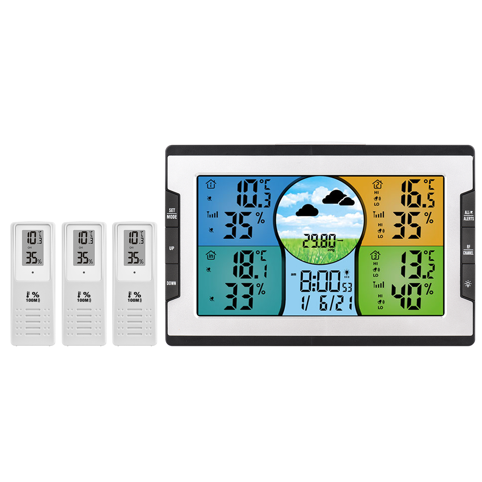 Digitale Wetterstation Mit 3 Fernsensoren, 100 M Reichweite, Innen-/außentemperatur- Und Feuchtigkeitsüberwachung, Weckerfunktion