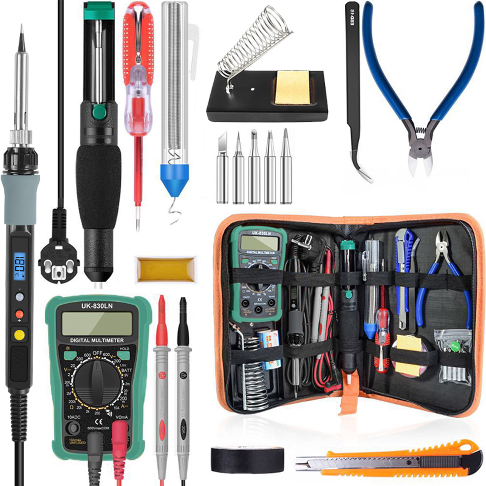 80-w-digitallötkolben-set, Einstellbare Temperatur 100–480 °c, Elektrisches Multimeter, Entlötpumpe, Professionelles Lötwerkzeug-set