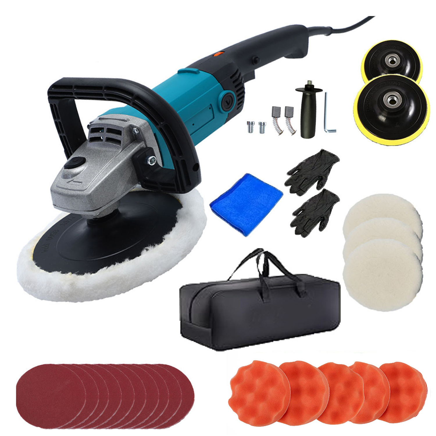 Elektrische Poliermaschine Mit 1400 W Leistung Und Variabler Drehzahl (0–3600 U/min), 6 Polierscheiben, 10 Schleifpads, 3 Pads Für Karosserie- Und Werkstattarbeiten