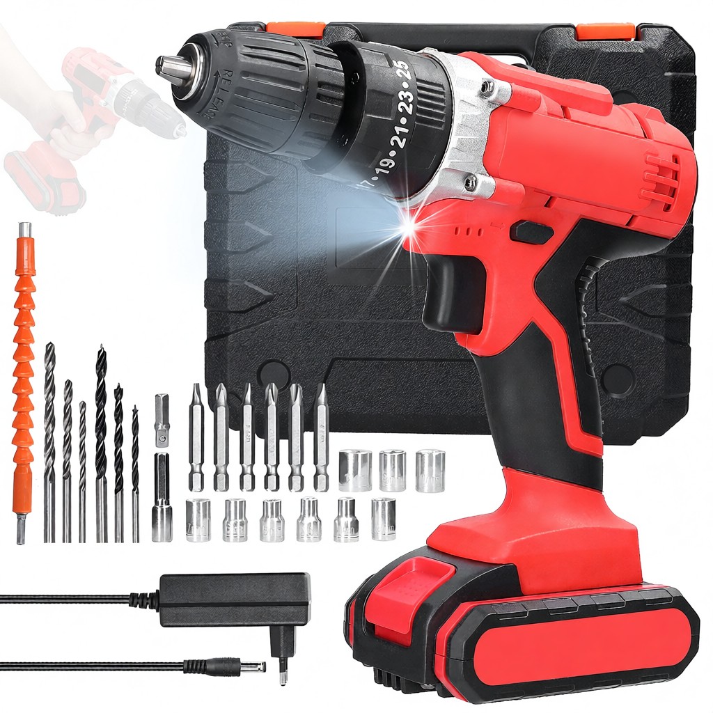 21v 1300mah Akku-bohrschrauber Mit Schlagfunktion, Lithium-ionen-akku, 25+1 Drehmomenteinstellungen, 2 Geschwindigkeiten, Led-licht, Kompakt