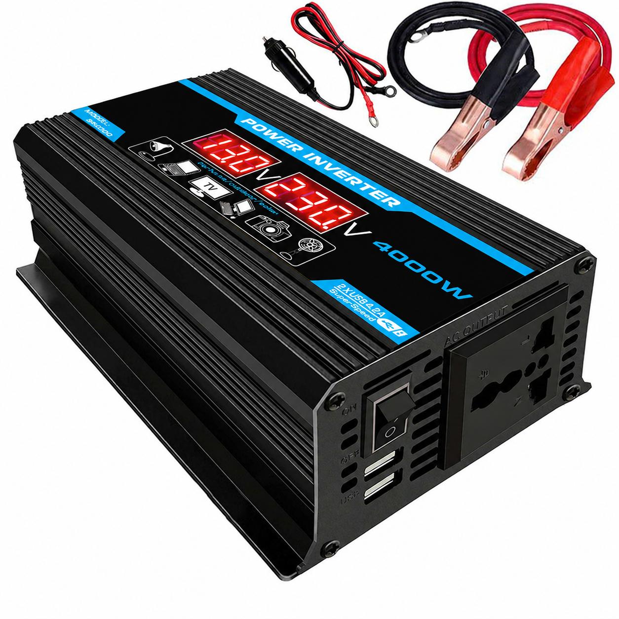 4000-w-kfz-wechselrichter (12 V/220 V) Mit Zwei Usb-anschlüssen Und Led-beleuchtung – Reine Modifizierte Sinuswelle Mit Überspannungsschutz