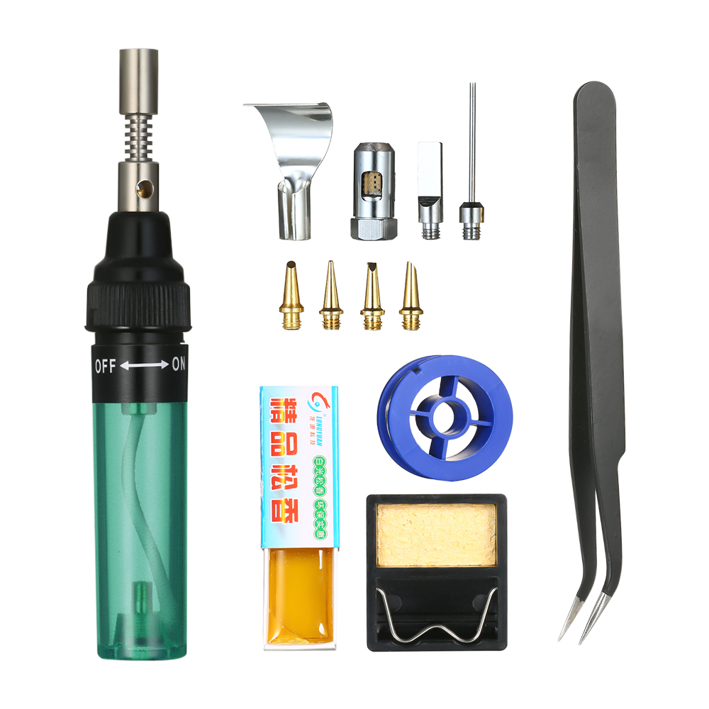 13-teiliges Lötset, Selbstzündender Gasbrenner, Elektronik-lötwerkzeug, Autoreparatur, Outdoor-einsatz, Transparent Grün