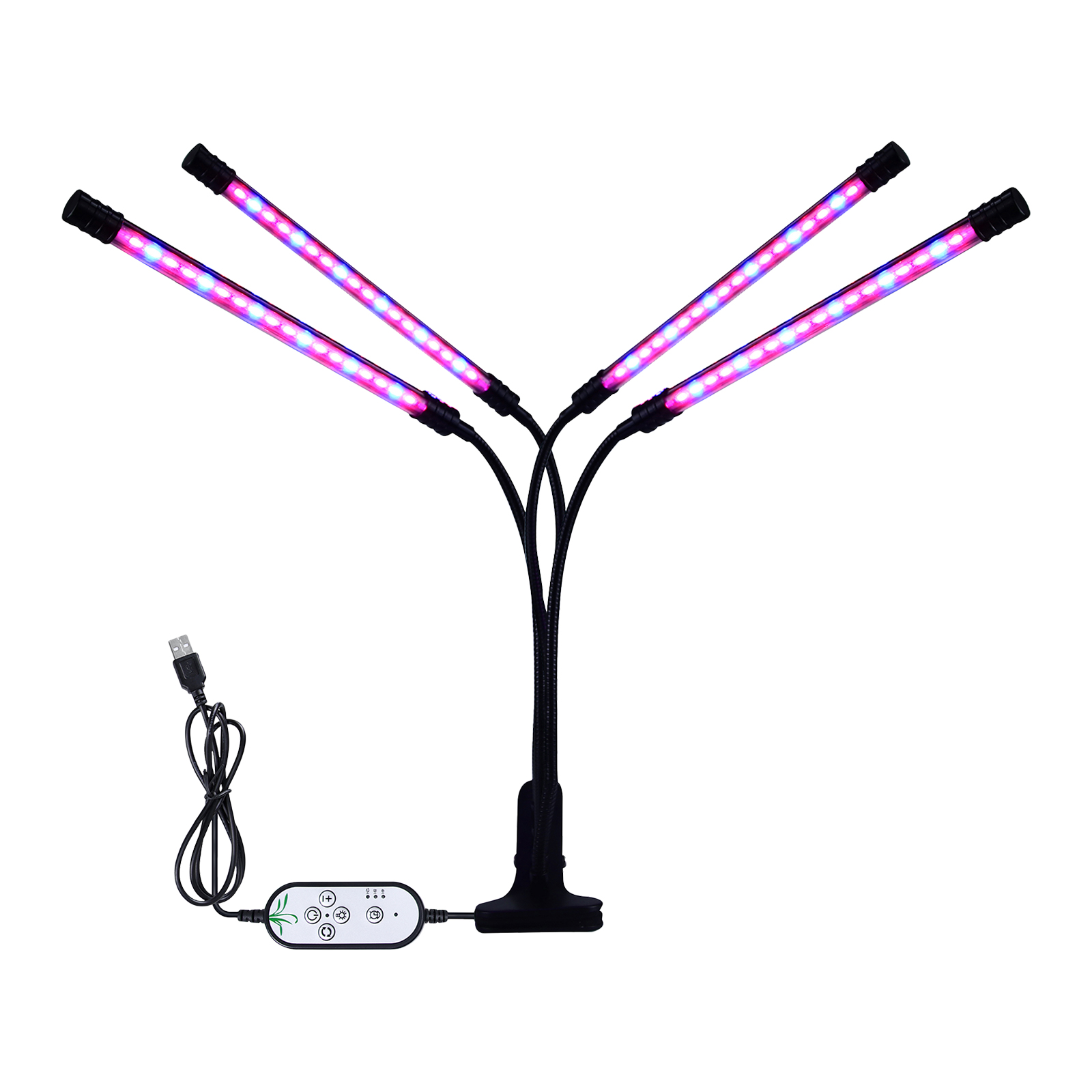 4-flammige Led-pflanzenlampe, Blau/rotes Licht, Vollspektrum, 4/8/12-stunden-timer, 5 Helligkeitsstufen, Klemme, Verstellbarer Schwanenhals, Usb-anschluss