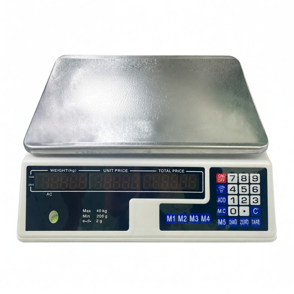 Elektronische Gewerbewaage (40 Kg), Präzise, Hintergrundbeleuchtetes Lcd-display, Dual-display, 8 Preisspeicherplätze, Batterie