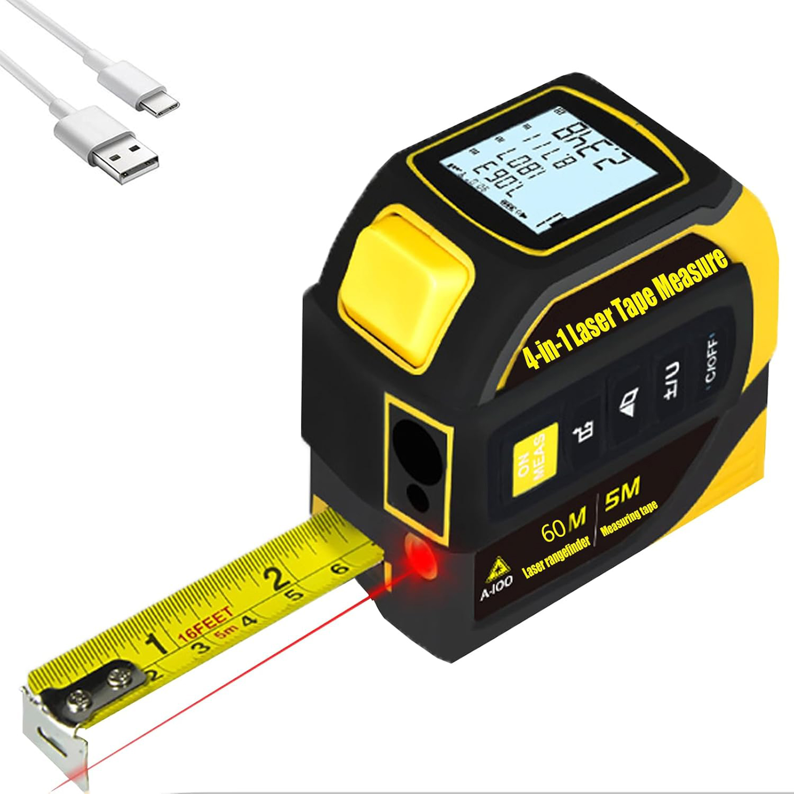 Digitaler Laser-entfernungsmesser Mit 60 M Reichweite, Elektronischer Wasserwaage, ±1 Mm Genauigkeit, Usb-c-ladeanschluss, 4-in-1-messgerät Für Baustellen