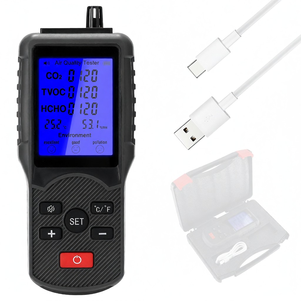 Luftqualitätsanalysator Co2 Tvoc Hcho-detektor Innenraumluftfeuchtigkeit Temperatur Lcd-bildschirm Tragbarer Sensor Für Auto
