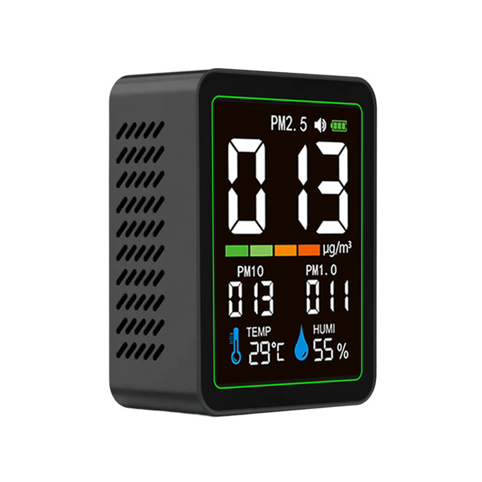 5-in-1-partikelmonitor Für Innenräume Mit Lasersensor, Erfasst Pm1.0, Pm2.5 Und Pm10 Und Zeigt Temperatur Und Luftfeuchtigkeit An.