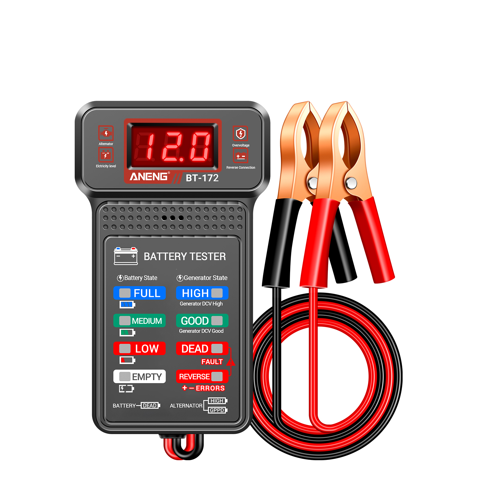12v-autobatterietester, Led-voltmeter, Verpolungsschutz, Krokodilklemmen.