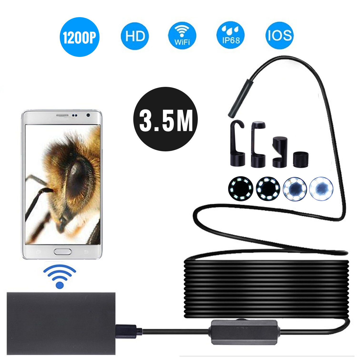 Ip68 2mp Kabellose Endoskopiekamera – 8 Mm Halbstarre Sonde, 3,5 M Kabellänge, Mit 8 Leds Und Wlan Für Iphone Und Android