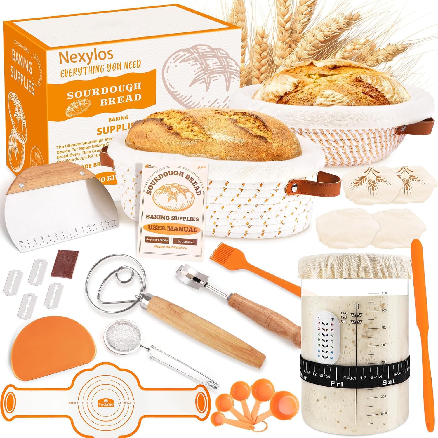Komplettes Sauerteigbrot-backset, Gärkorb Aus Naturrattan, Bäckerwerkzeug, Orange.