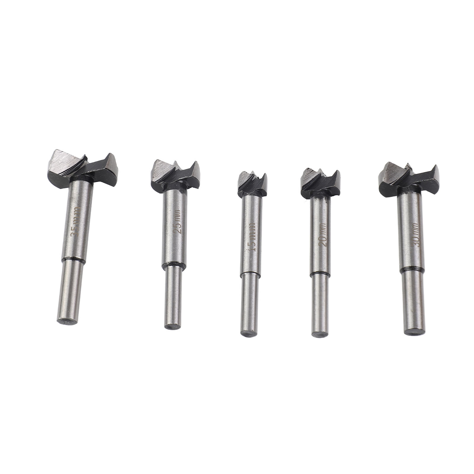 Set Aus 5 Forstnerbohrern 15, 20, 25, 30 Und 35 Mm Zum Bohren Und Reiben, Mit Stahlgelenkspitzen, Werkzeug Zum Aufbohren Von Löchern Für Die Holzbearbeitung.