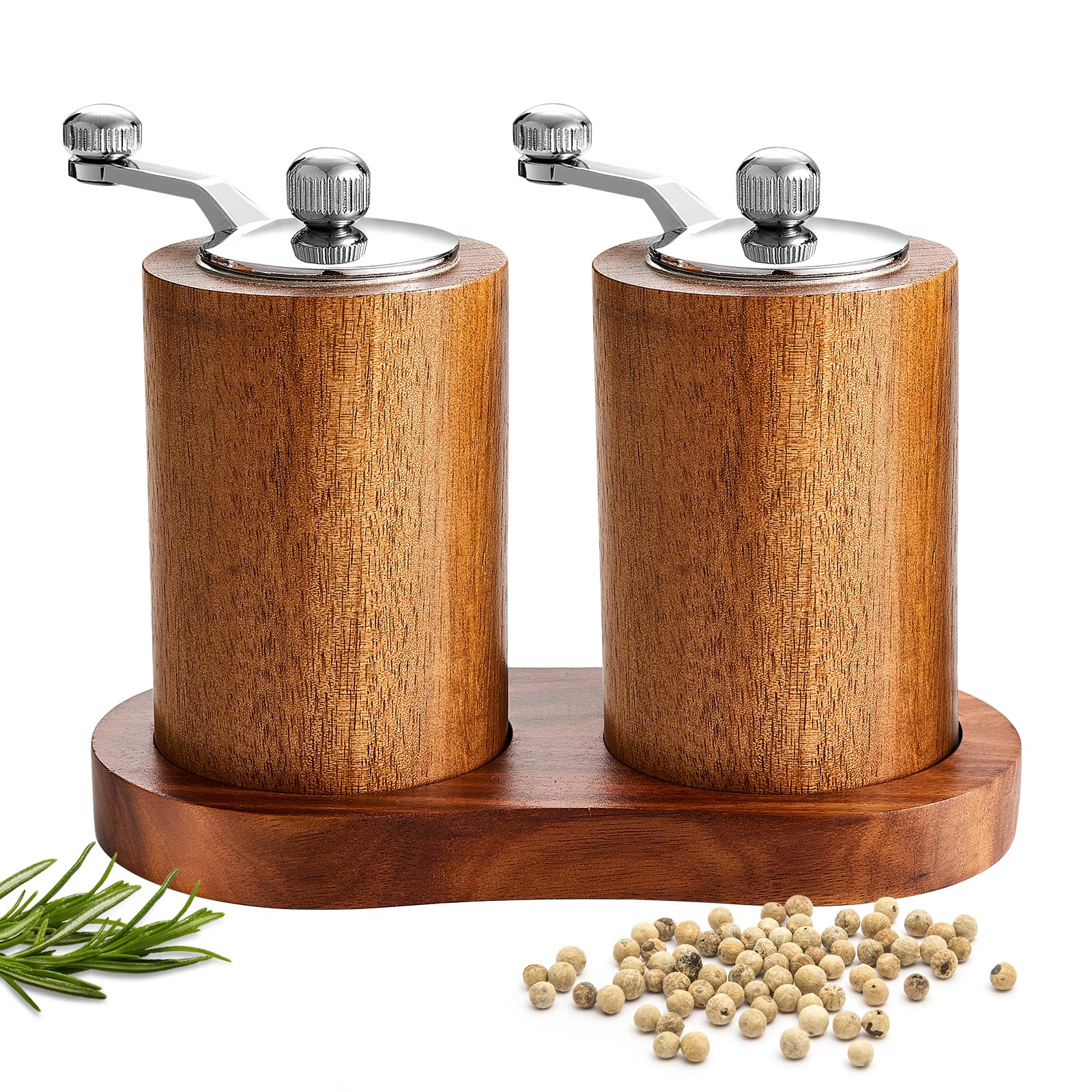 Molinillo De Pimienta Madera Acacia, 2 Piezas Con Placa Base, Manual Para Moler Sal, Especias, Espesor Molienda Adjustable (3