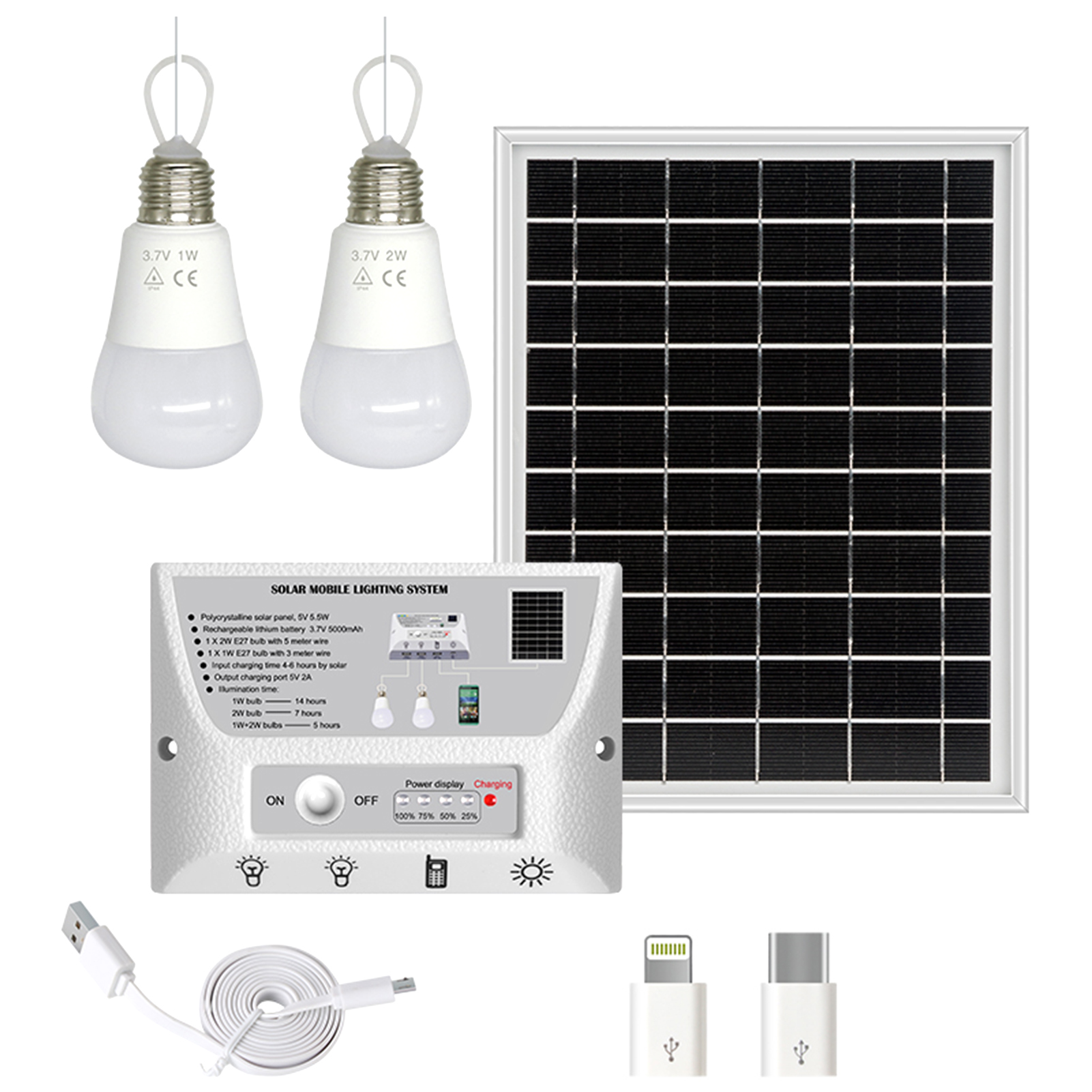 Solar-led-beleuchtungsset, 5,5 W, 2 X 2-w-lampen, Ip44 Wasserdicht, 5 M Kabel, Usb-anschluss, 5000-mah-akku Für Gartenhäuser