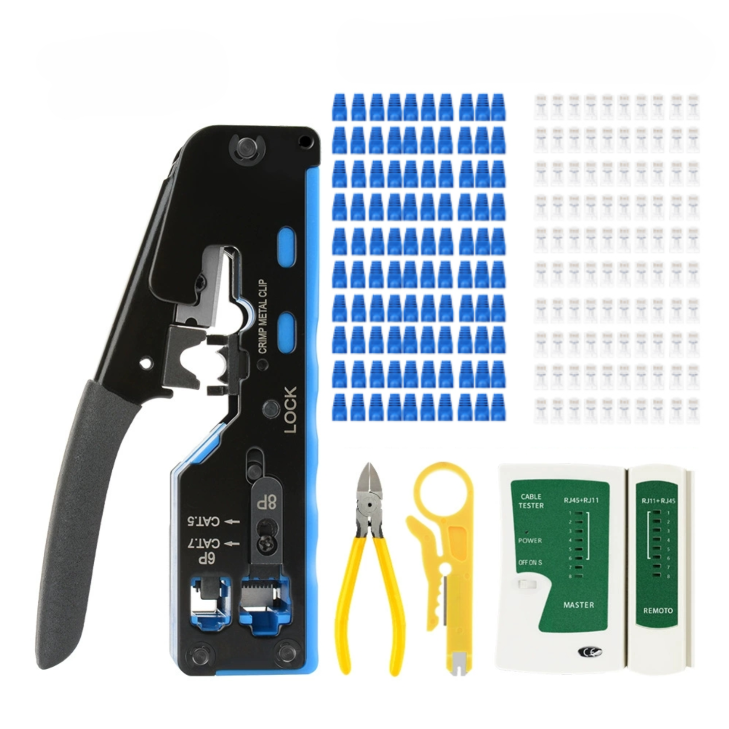 All-in-one Rj45-crimpwerkzeug-set Für Cat5e-, Cat6- Und Cat6a-durchgangsstecker Und Kabelabdeckungen. 100-teilig.