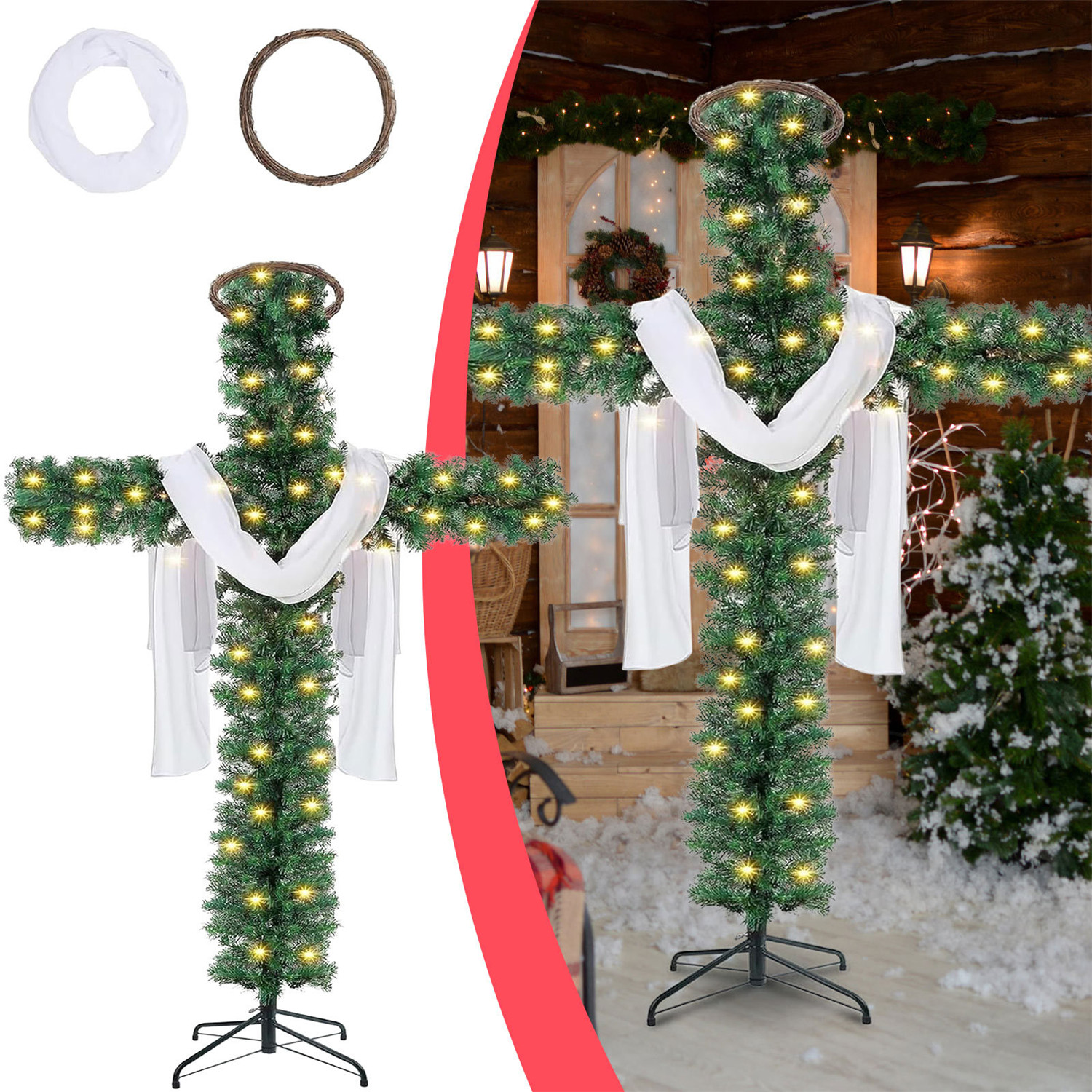 Faltbares Weihnachtskreuz, Künstlicher, Beleuchteter Kiefernbaum, Funkelnder Gartenstecker, Led-lichterkette Und Seidenschal-rattanring