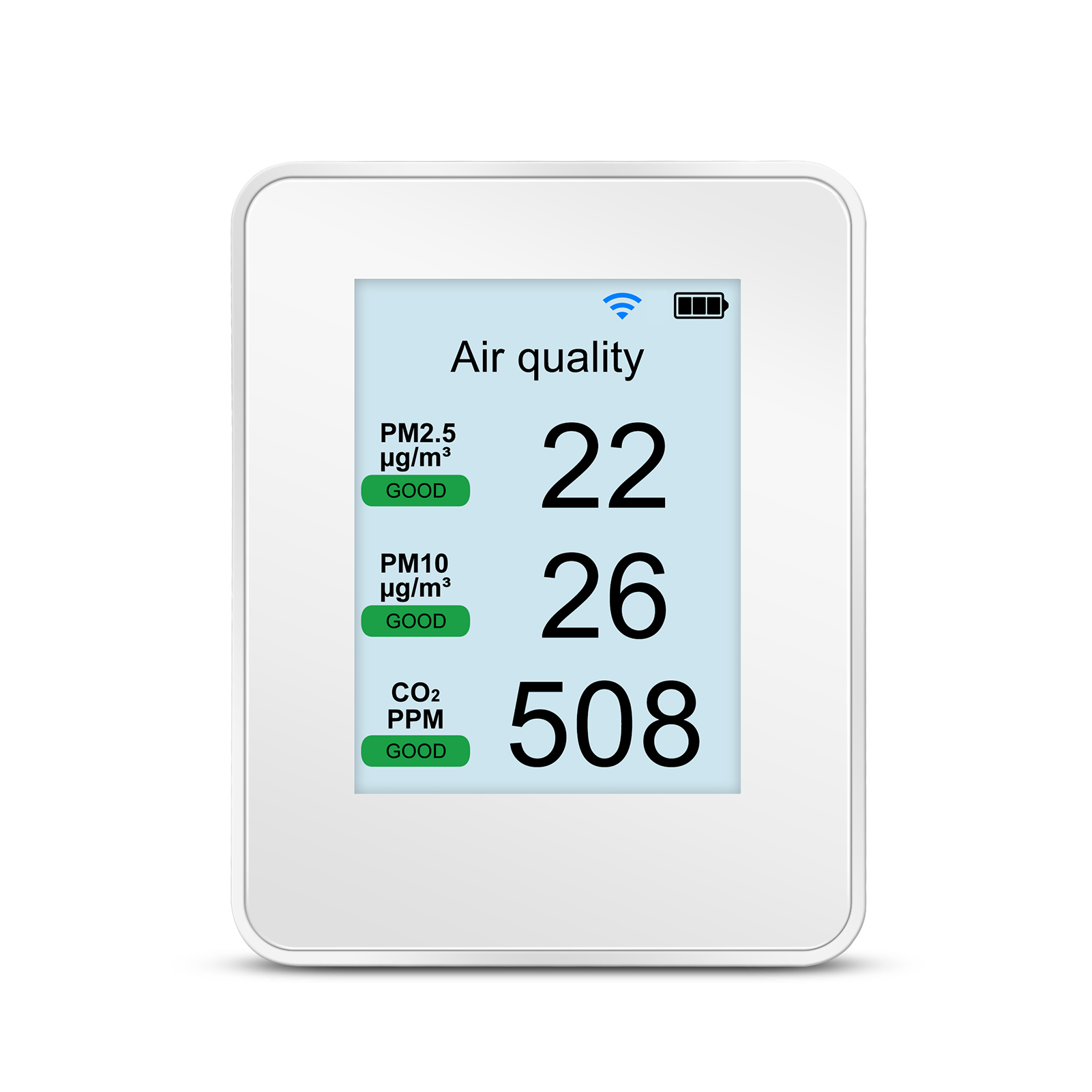 Co2-, Pm2,5-, Pm1,0- Und Pm10-analysator Mit Wlan, Farb-tft-display, Alarmfunktion, ±50 Ppm Genauigkeit, Wiederaufladbar Für Zuhause Und Büro