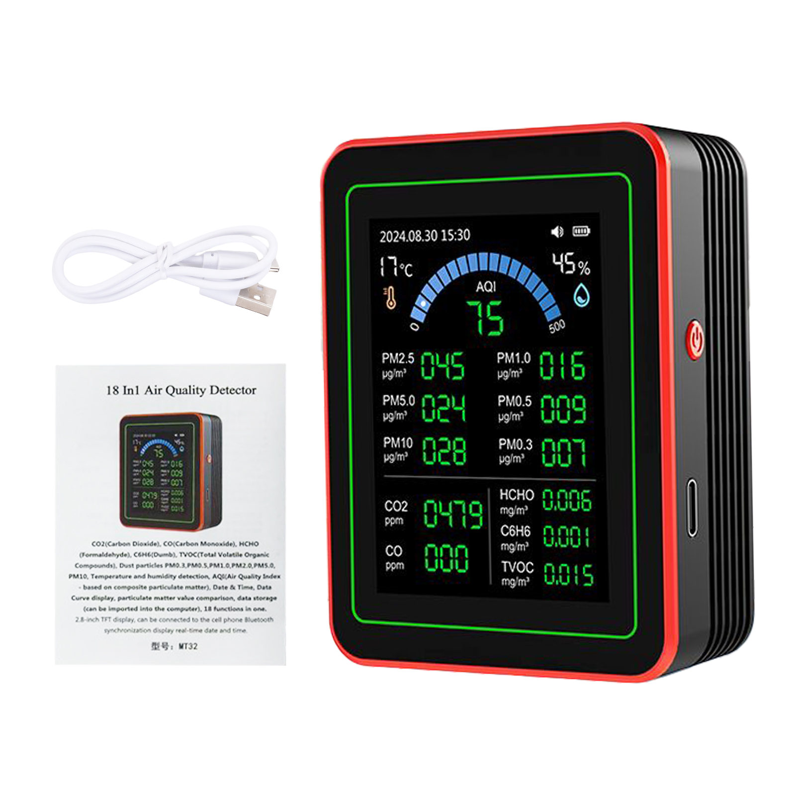 Detektor Für Hcho, Co2 Und Pm2,5, Innenraumluftqualitätsmonitor, 2,8-zoll-tft-bildschirm, Partikelzähler, 6 Tvoc-größen