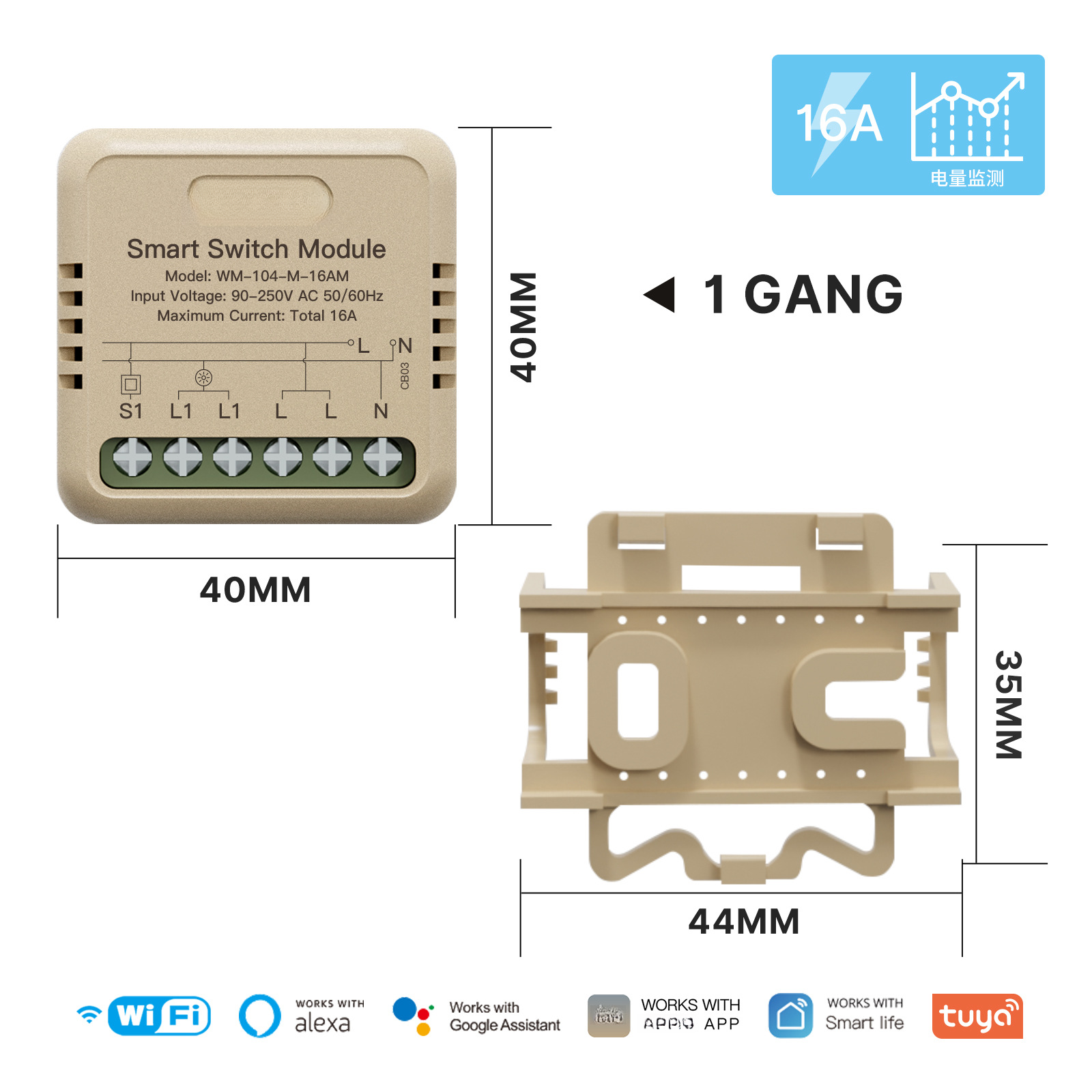 Intelligenter Wlan-schalter 40x40x18mm, Steuerbar Per Smart Life App, 16a Relais, Timer, Kompatibel Mit Google Home